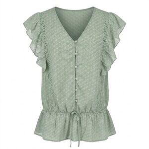 NEW Daniel Rainn 2X Sage Green Geometric Print Ruffle Cap Sleeve Peplum Top
